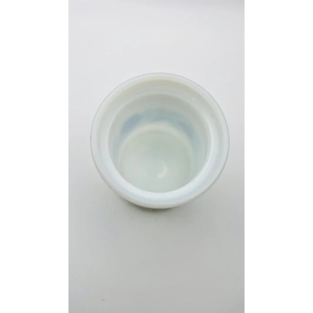 Vintage Milk Glass Blue Floral Toothbrush Holder Vanity Jar Scalloped Base